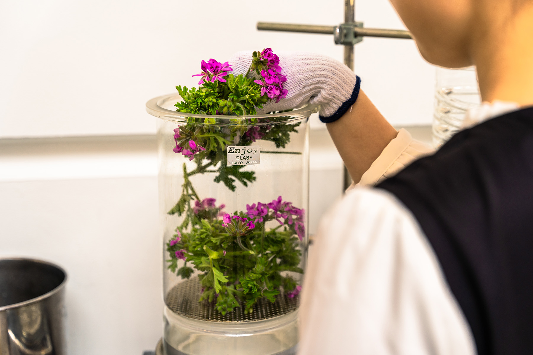 Place the herbs into the distiller.